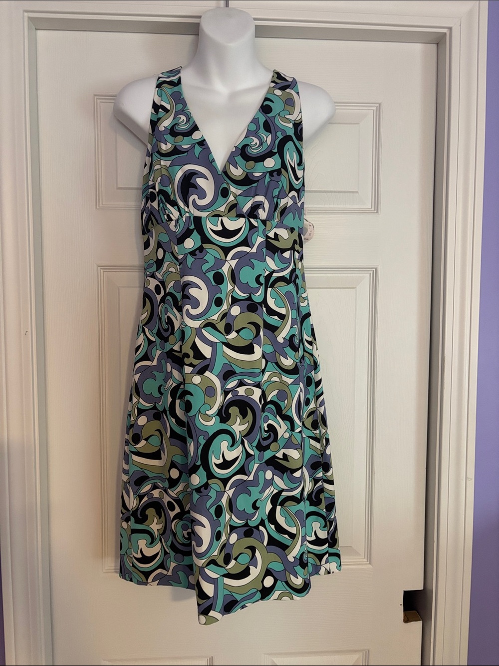 Dress Barn Teal, lilac, Seafoam & Black Swirl V-Neck Dress